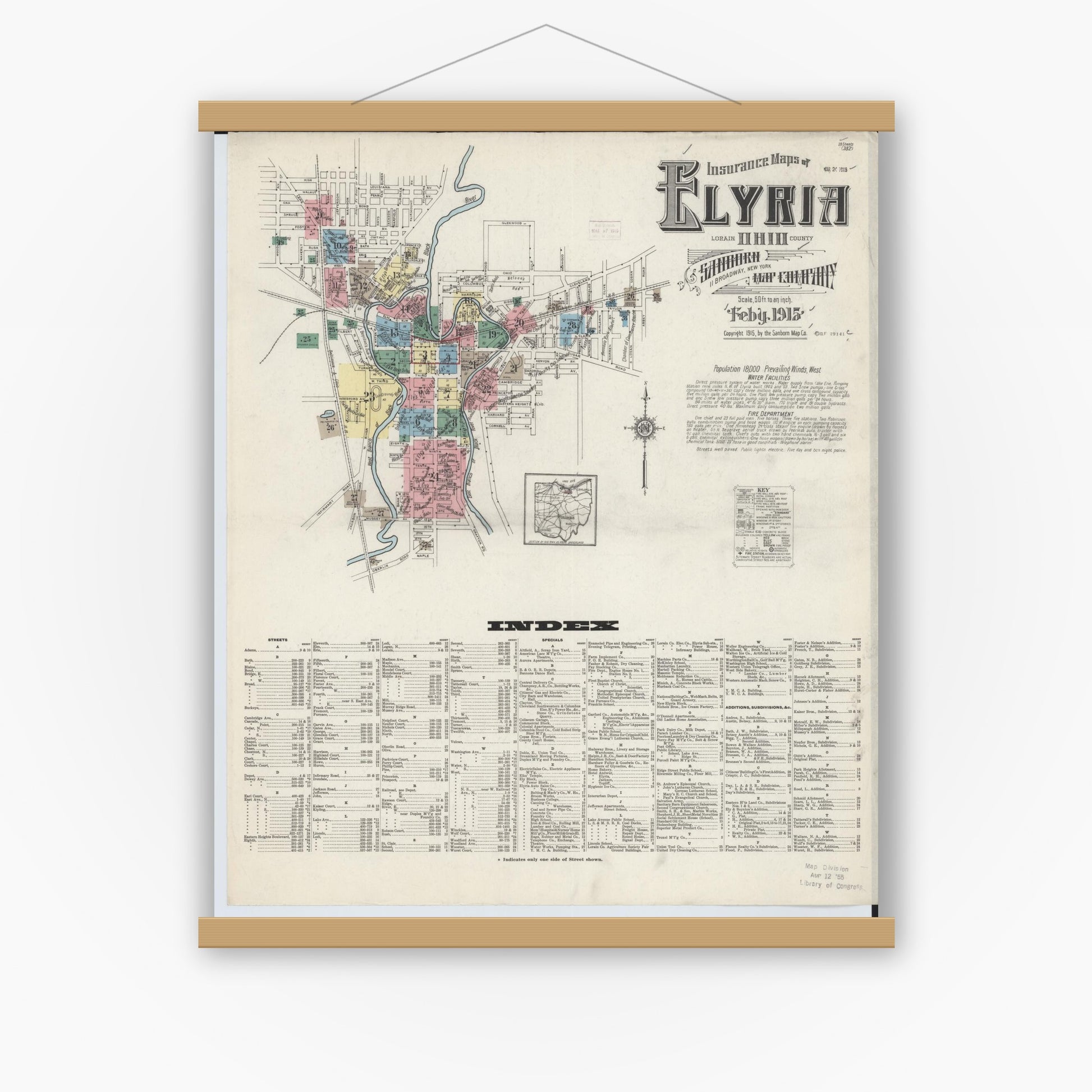 Old map wall art mockup — magnetic wood frame on white wall — Sanborn Fire Insurance Map from Elyria, Lorain County, Ohio (1915), Sheet #0001