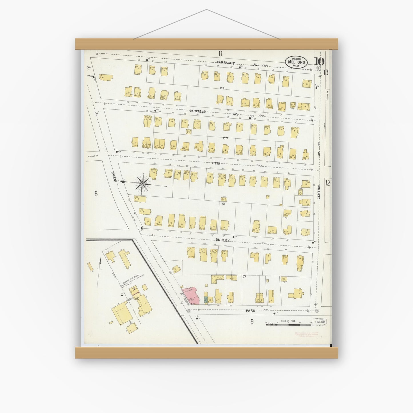 Old map wall art mockup — magnetic wood frame on white wall — Sanborn Fire Insurance Map from Medford, Middlesex County, Massachusetts (1903), Sheet #0010