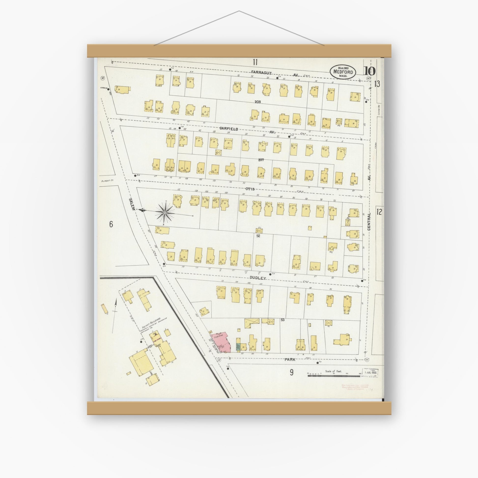 Old map wall art mockup — magnetic wood frame on white wall — Sanborn Fire Insurance Map from Medford, Middlesex County, Massachusetts (1903), Sheet #0010