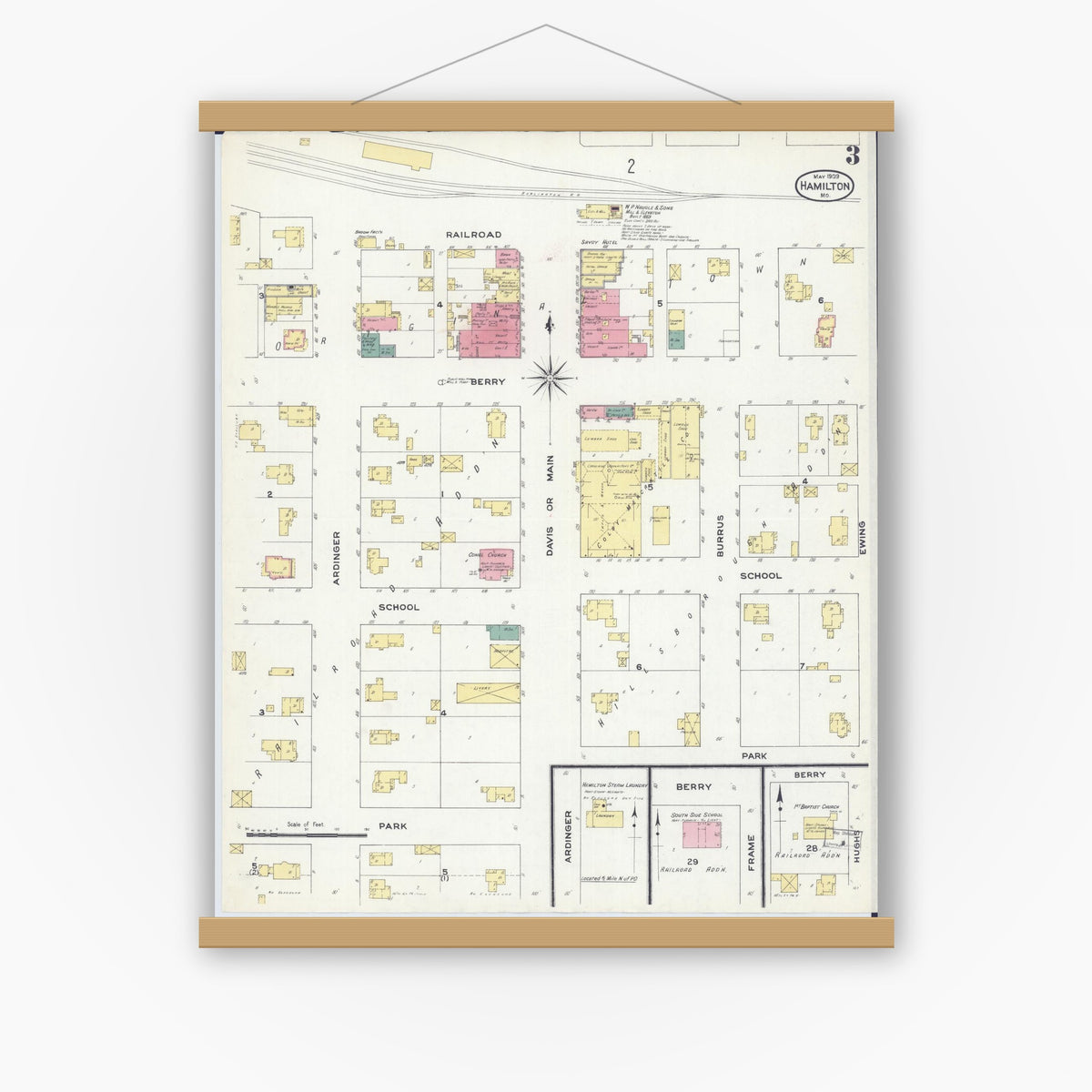 Old map wall art mockup — magnetic wood frame on white wall — Sanborn Fire Insurance Map from Hamilton, Caldwell County, Missouri (1909), Sheet #0003