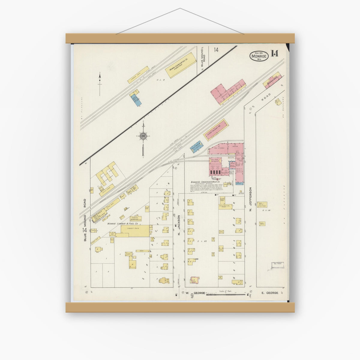 Old map wall art mockup — magnetic wood frame on white wall — Sanborn Fire Insurance Map from Monroe, Green County, Wisconsin (1915), Sheet #0014