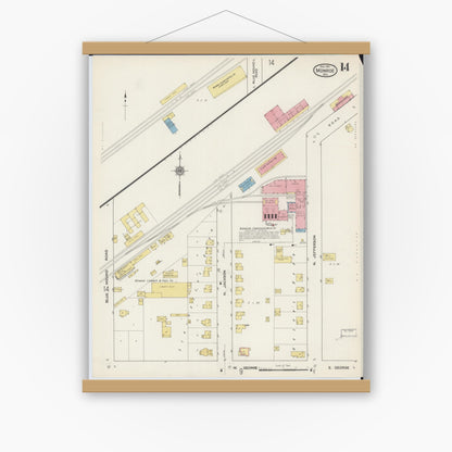 Old map wall art mockup — magnetic wood frame on white wall — Sanborn Fire Insurance Map from Monroe, Green County, Wisconsin (1915), Sheet #0014