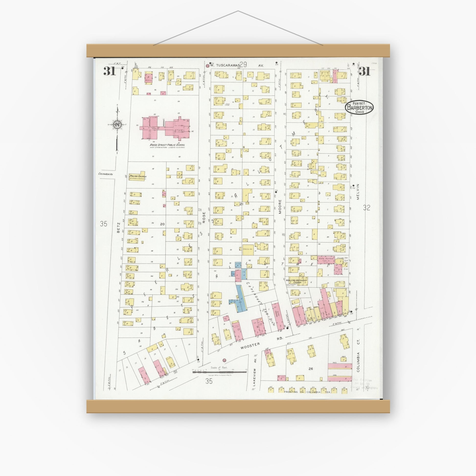 Old map wall art mockup — magnetic wood frame on white wall — Sanborn Fire Insurance Map from Barberton, Summit County, Ohio (1927), Sheet #0031