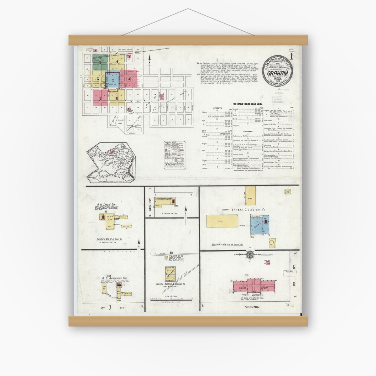 Old map wall art mockup — magnetic wood frame on white wall — Sanborn Fire Insurance Map from Graham, Young County, Texas (1920), Sheet #0001