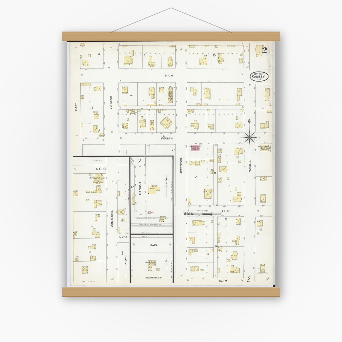 Old map wall art mockup — magnetic wood frame on white wall — Sanborn Fire Insurance Map from Ramsey, Fayette County, Illinois (1907), Sheet #0002
