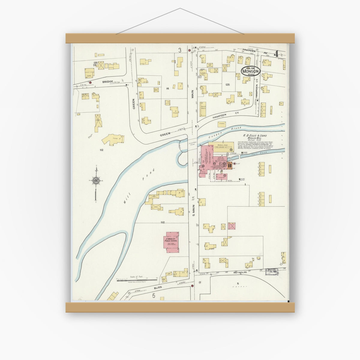 Old map wall art mockup — magnetic wood frame on white wall — Sanborn Fire Insurance Map from Monson, Hampden County, Massachusetts (1918), Sheet #0004