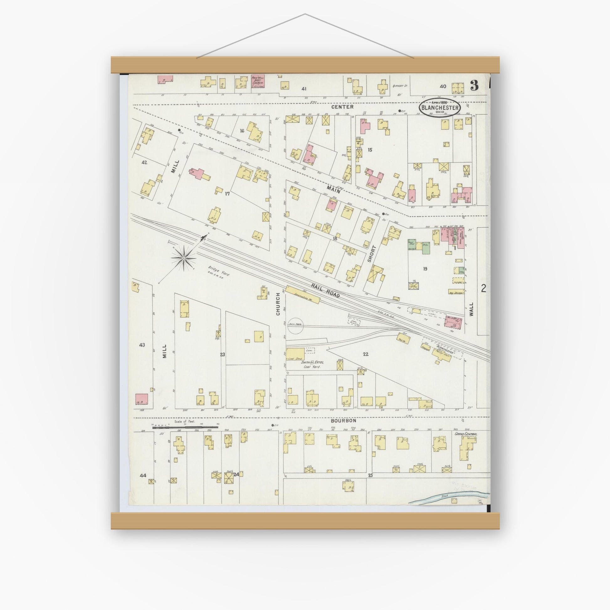 Old map wall art mockup — magnetic wood frame on white wall — Sanborn Fire Insurance Map from Blanchester, Clinton County, Ohio (1898), Sheet #0003