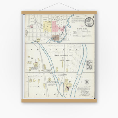 Old map wall art mockup — magnetic wood frame on white wall — Sanborn Fire Insurance Map from Alma, Gratiot County, Michigan (1890), Sheet #0001