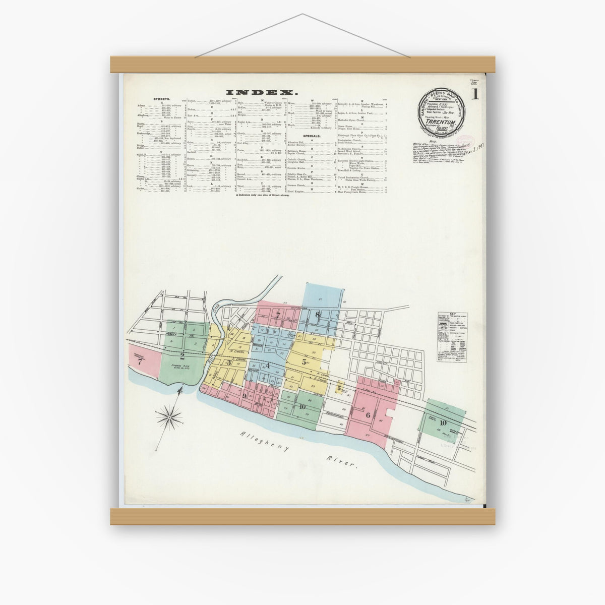 Old map wall art mockup — magnetic wood frame on white wall — Sanborn Fire Insurance Map from Tarentum, Allegheny County, Pennsylvania (1897), Sheet #0001