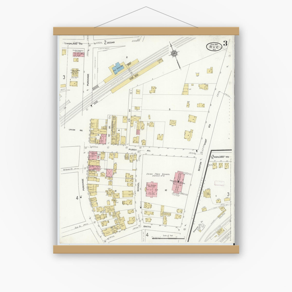 Old map wall art mockup — magnetic wood frame on white wall — Sanborn Fire Insurance Map from Rye, Westchester County, New York (1912), Sheet #0003