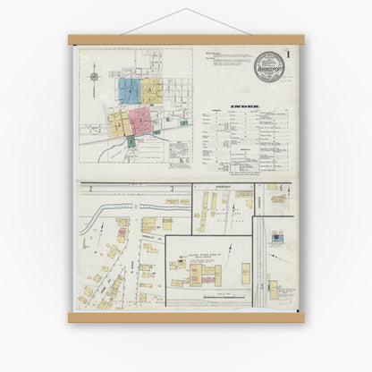Old map wall art mockup — magnetic wood frame on white wall — Sanborn Fire Insurance Map from Bridgeport, Lawrence County, Illinois (1912), Sheet #0001
