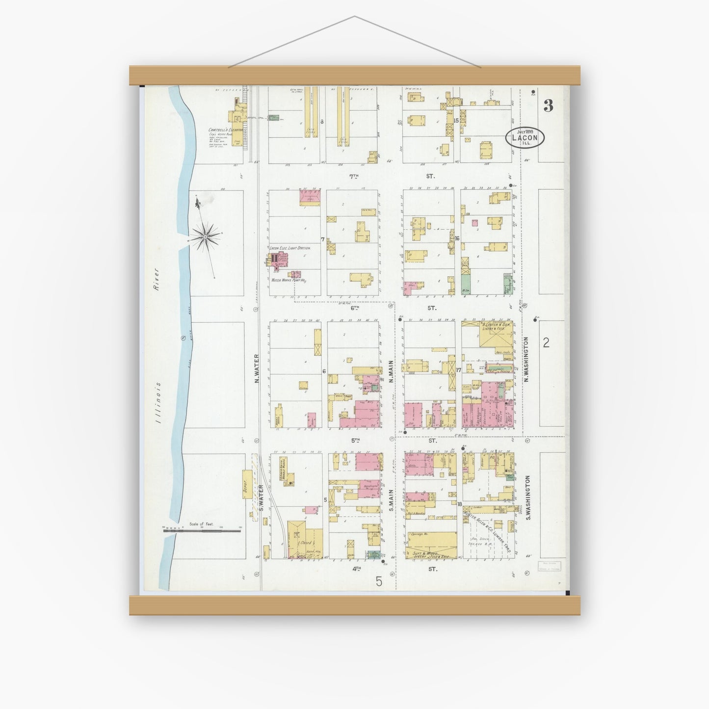 Old map wall art mockup — magnetic wood frame on white wall — Sanborn Fire Insurance Map from Lacon, Marshall County, Illinois (1899), Sheet #0003