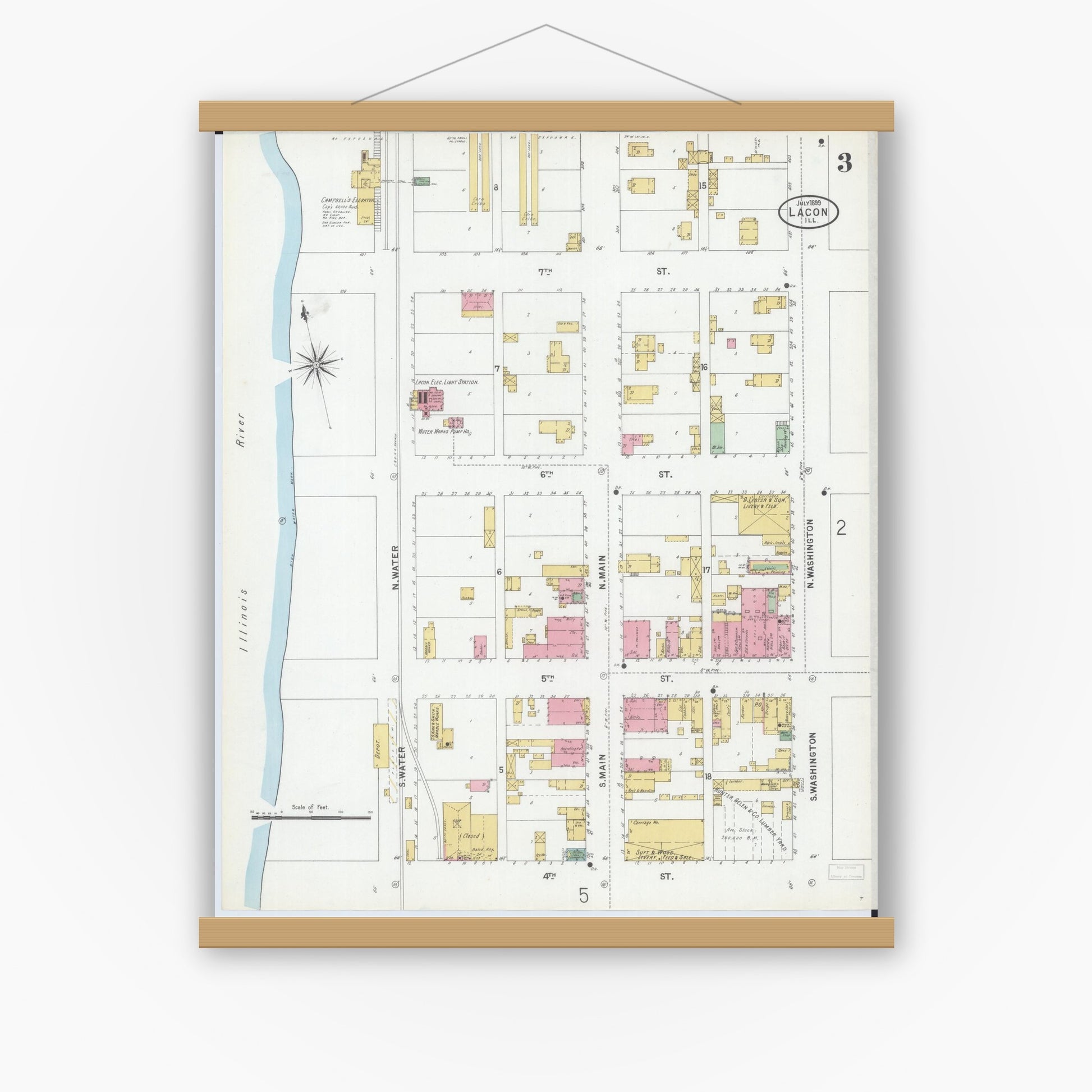 Old map wall art mockup — magnetic wood frame on white wall — Sanborn Fire Insurance Map from Lacon, Marshall County, Illinois (1899), Sheet #0003
