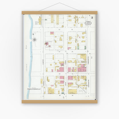 Old map wall art mockup — magnetic wood frame on white wall — Sanborn Fire Insurance Map from Lacon, Marshall County, Illinois (1899), Sheet #0003