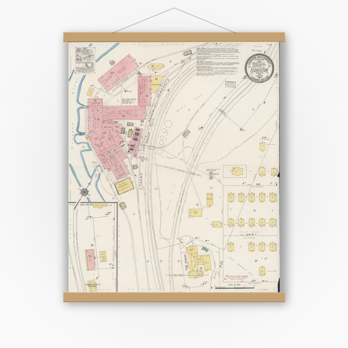Old map wall art mockup — magnetic wood frame on white wall — Sanborn Fire Insurance Map from Floriston, Nevada County, California (1919), Sheet #0001