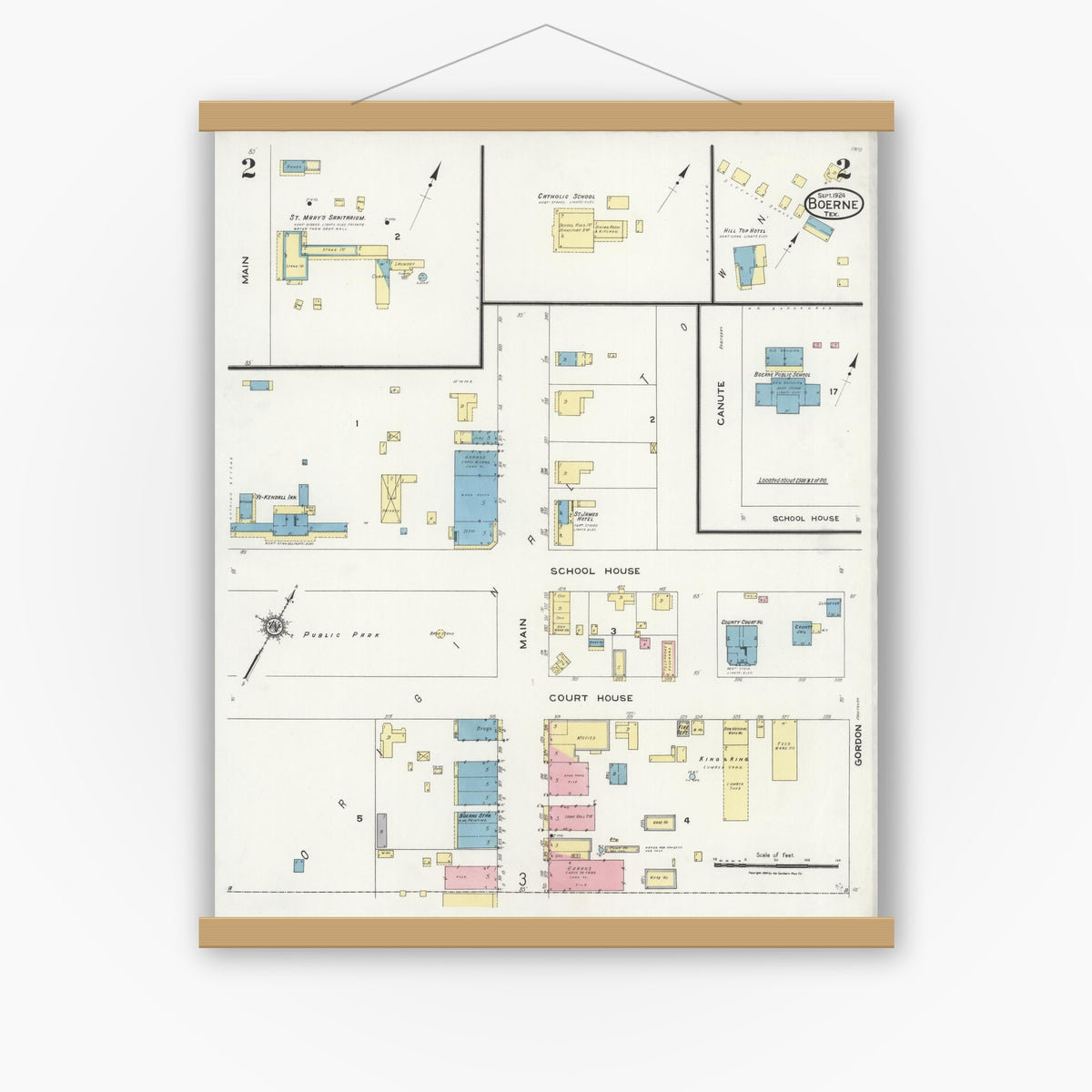 Old map wall art mockup — magnetic wood frame on white wall — Sanborn Fire Insurance Map from Boerne, Kendall County, Texas (1924), Sheet #0002