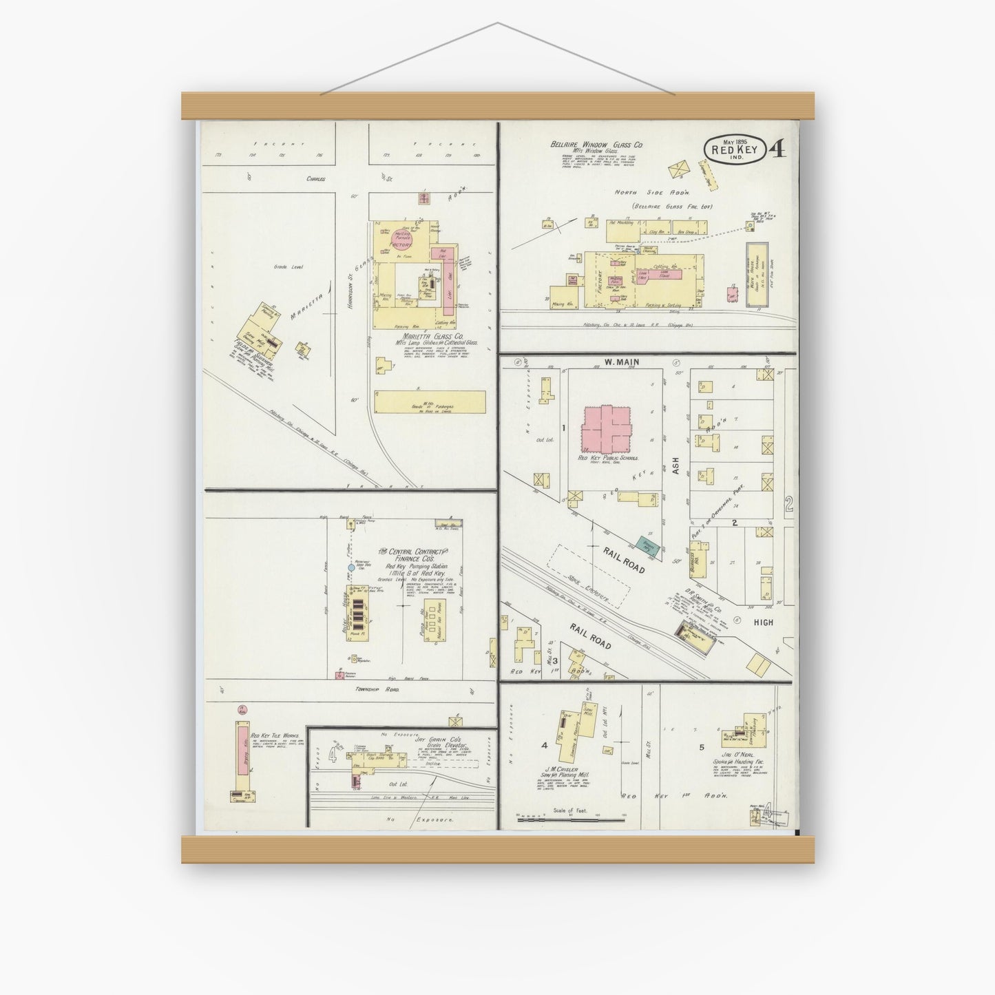 Old map wall art mockup — magnetic wood frame on white wall — Sanborn Fire Insurance Map from Redkey, Jay County, Indiana (1895), Sheet #0004