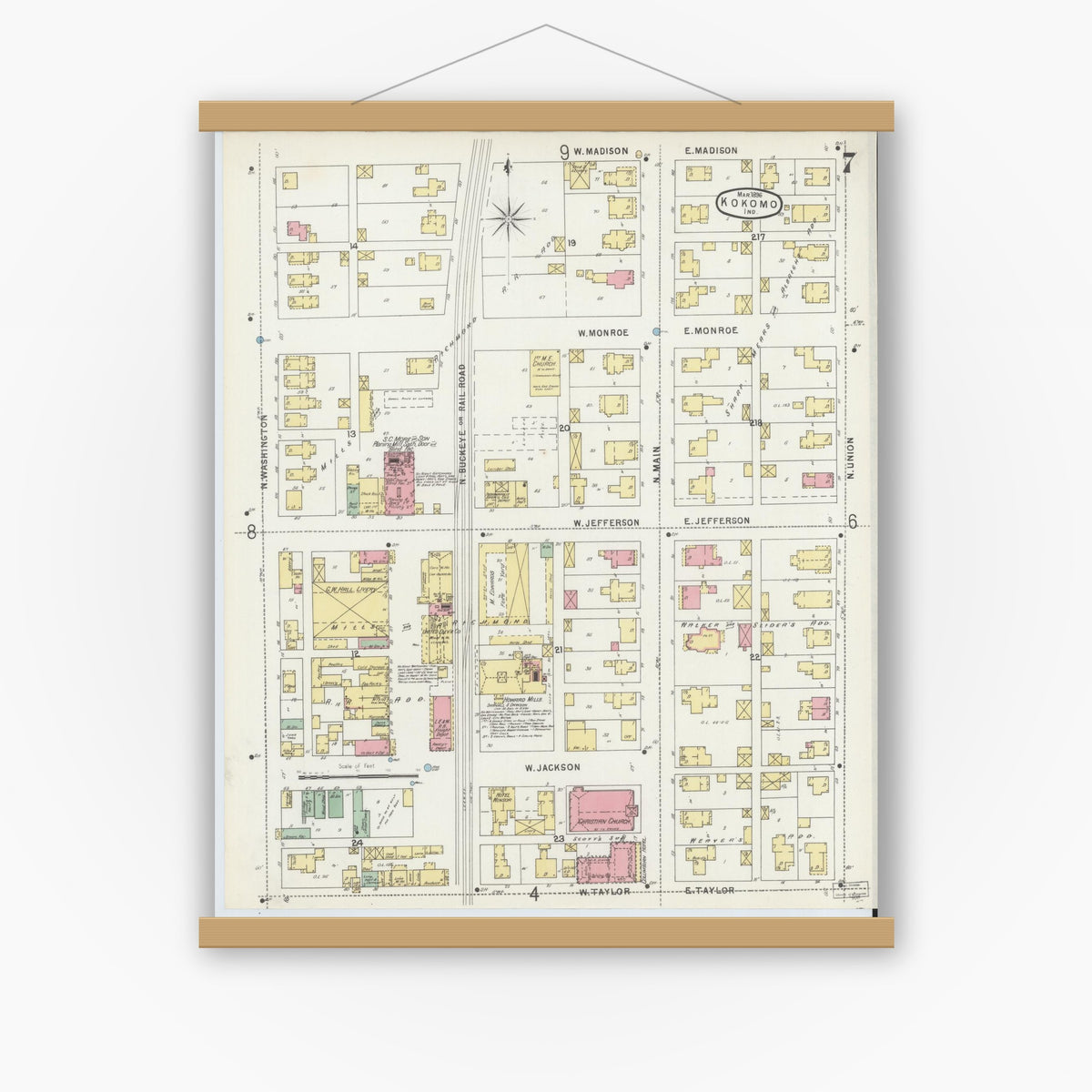 Old map wall art mockup — magnetic wood frame on white wall — Sanborn Fire Insurance Map from Kokomo, Howard County, Indiana (1896), Sheet #0007
