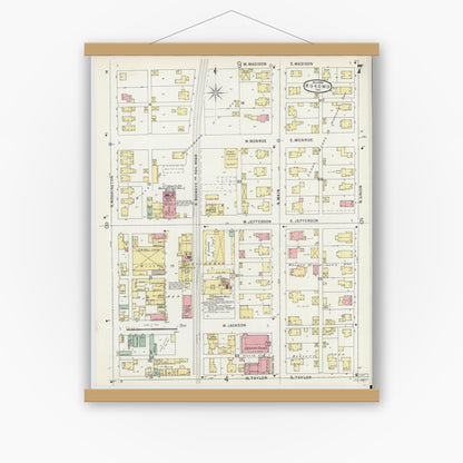 Old map wall art mockup — magnetic wood frame on white wall — Sanborn Fire Insurance Map from Kokomo, Howard County, Indiana (1896), Sheet #0007
