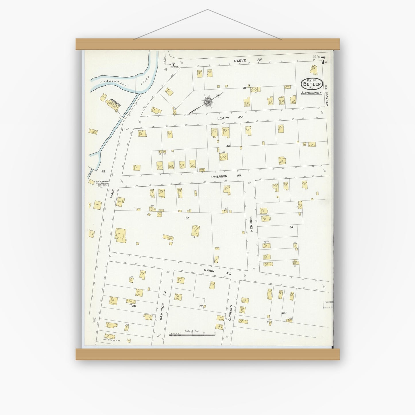 Old map wall art mockup — magnetic wood frame on white wall — Sanborn Fire Insurance Map from Butler, Morris County, New Jersey (1911), Sheet #0007