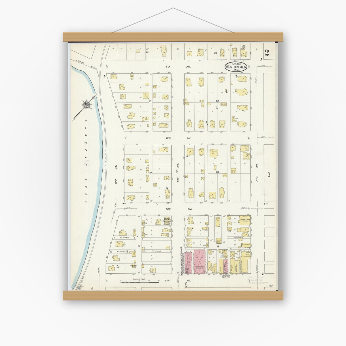 Old map wall art mockup — magnetic wood frame on white wall — Sanborn Fire Insurance Map from Worthington, Nobles County, Minnesota (1913), Sheet #0002