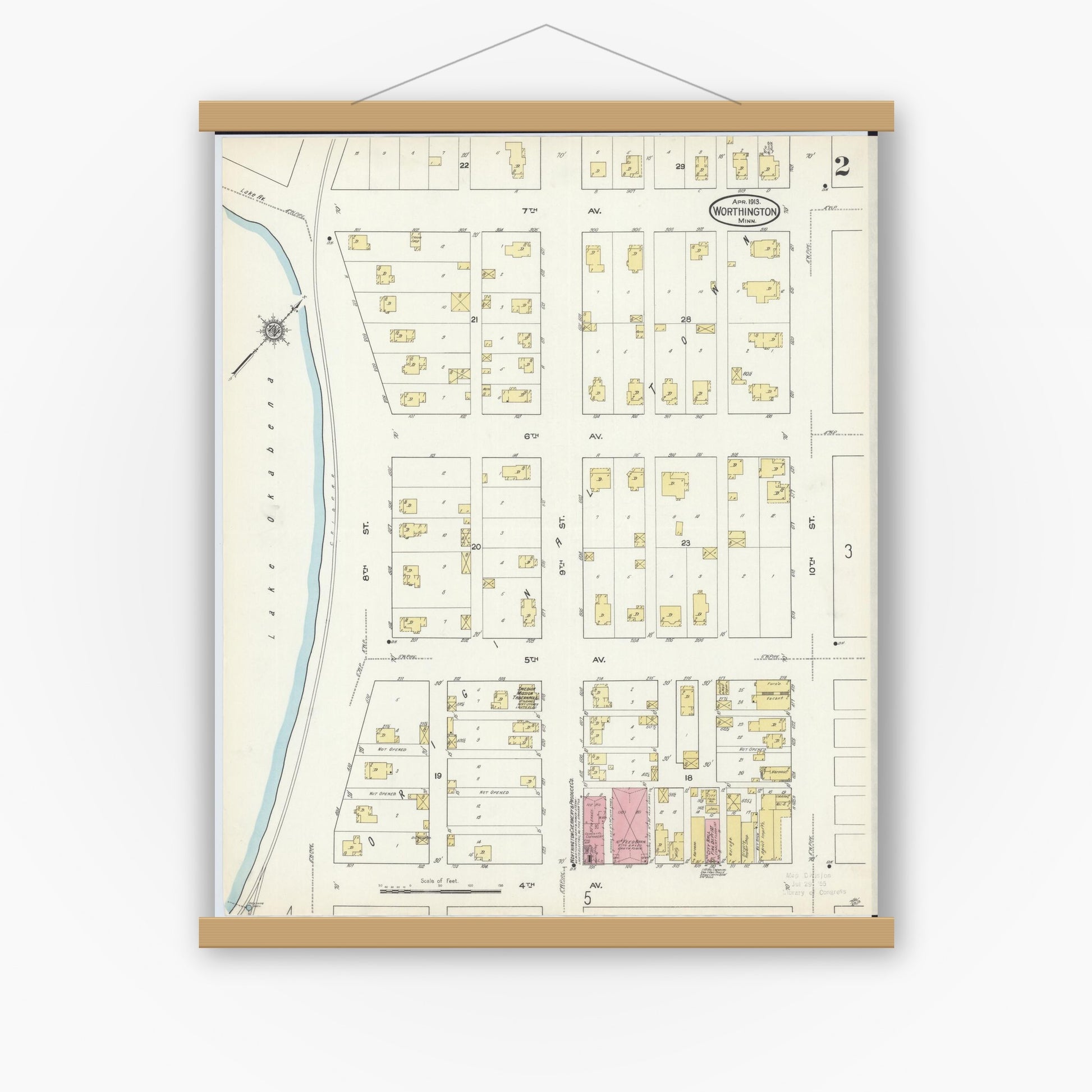 Old map wall art mockup — magnetic wood frame on white wall — Sanborn Fire Insurance Map from Worthington, Nobles County, Minnesota (1913), Sheet #0002