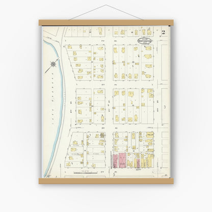Old map wall art mockup — magnetic wood frame on white wall — Sanborn Fire Insurance Map from Worthington, Nobles County, Minnesota (1913), Sheet #0002