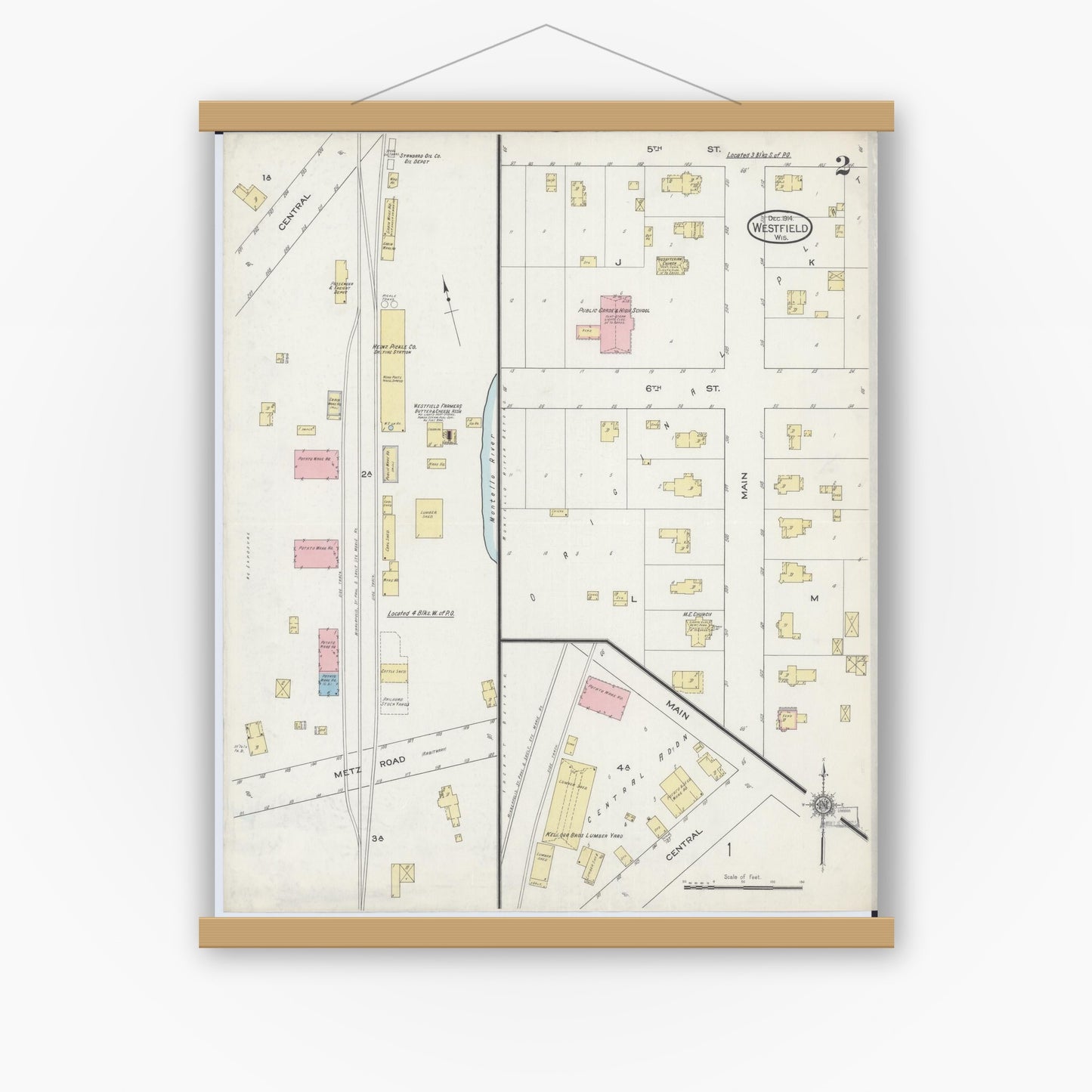 Old map wall art mockup — magnetic wood frame on white wall — Sanborn Fire Insurance Map from Westfield, Marquette County, Wisconsin (1914), Sheet #0002