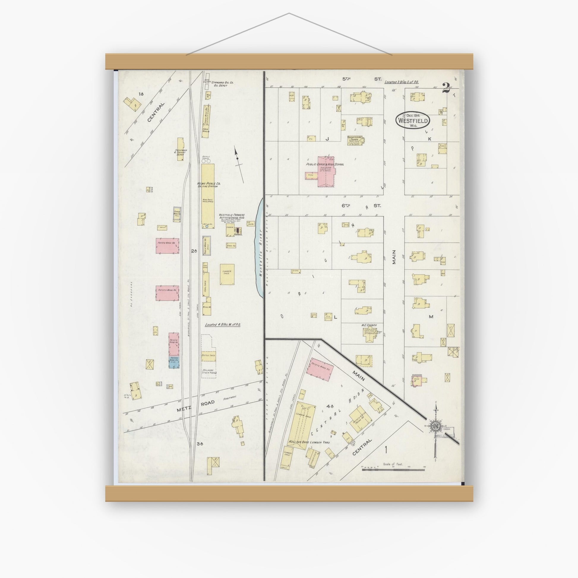 Old map wall art mockup — magnetic wood frame on white wall — Sanborn Fire Insurance Map from Westfield, Marquette County, Wisconsin (1914), Sheet #0002