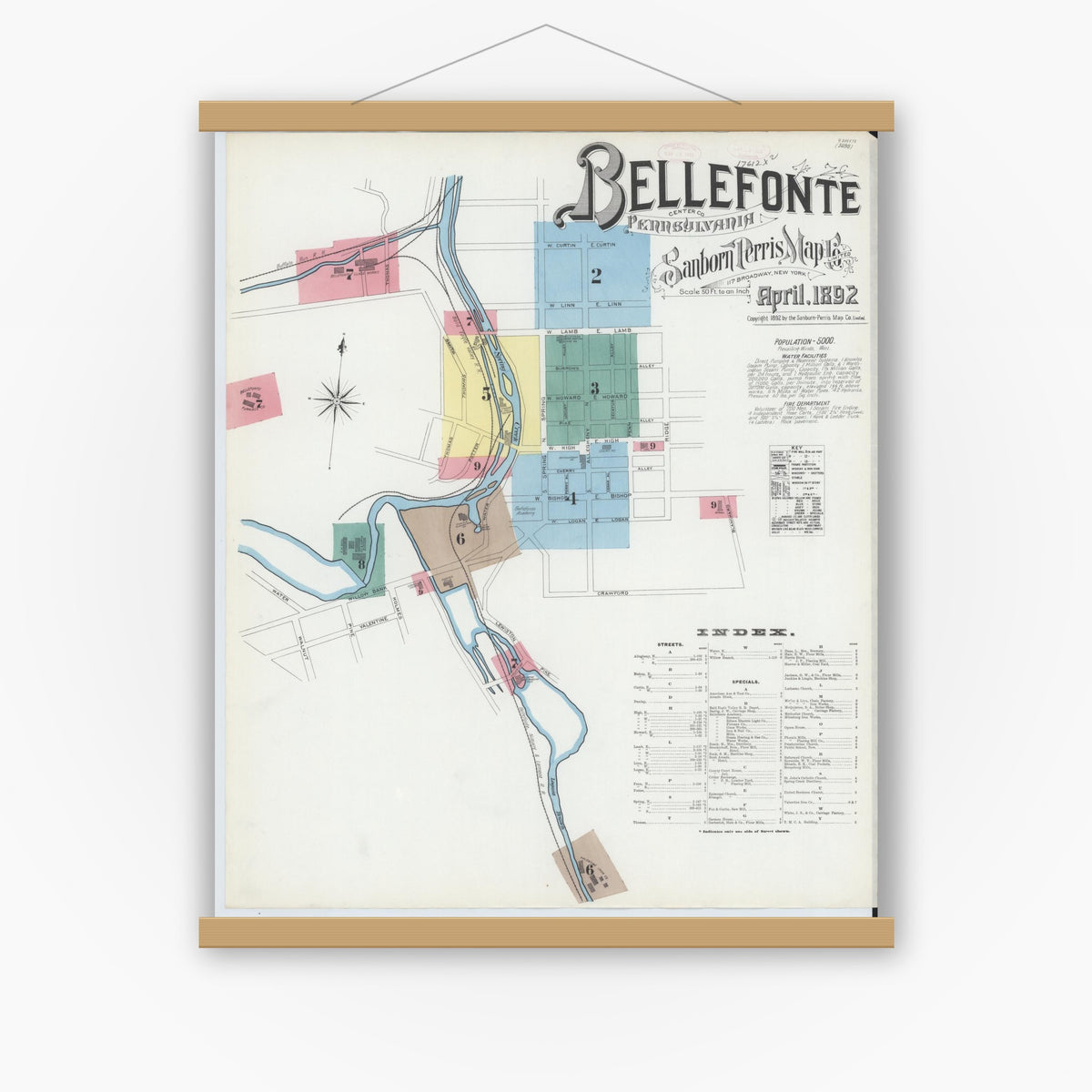 Old map wall art mockup — magnetic wood frame on white wall — Sanborn Fire Insurance Map from Bellefonte, Centre County, Pennsylvania (1892) - Complete Map Set