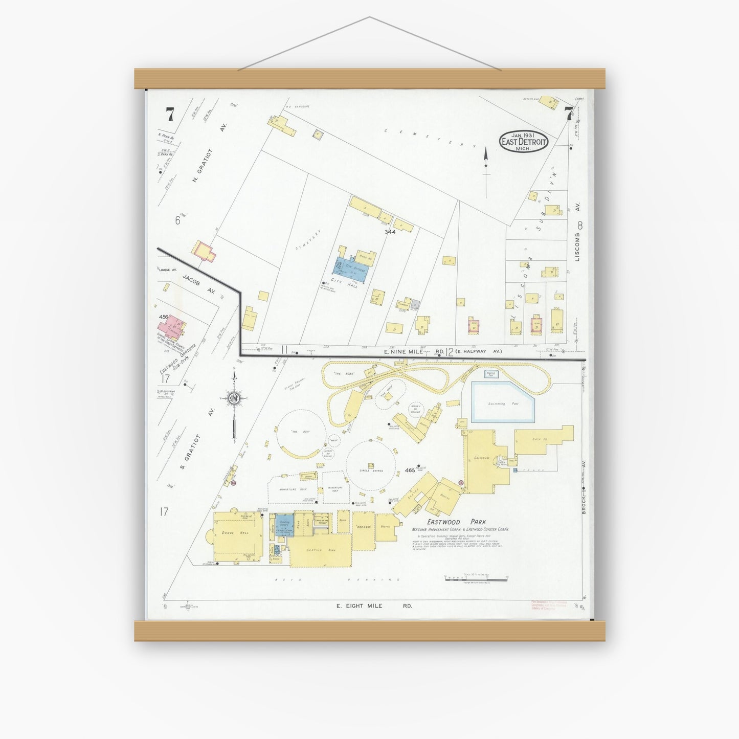 Old map wall art mockup — magnetic wood frame on white wall — Sanborn Fire Insurance Map from East Detroit, Macomb County, Michigan (1931), Sheet #0007