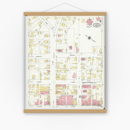 Old map wall art mockup — magnetic wood frame on white wall — Sanborn Fire Insurance Map from London, Madison County, Ohio (1910), Sheet #0004