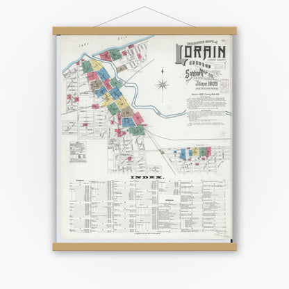 Old map wall art mockup — magnetic wood frame on white wall — Sanborn Fire Insurance Map from Lorain, Lorain County, Ohio (1905) - Complete Map Set