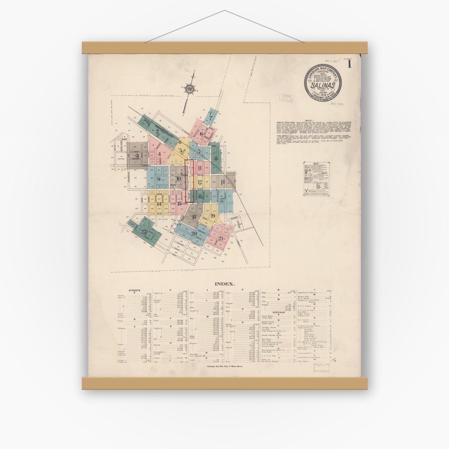 Old map wall art mockup — magnetic wood frame on white wall — Sanborn Fire Insurance Map from Salinas, Monterey County, California (1913) - Complete Map Set