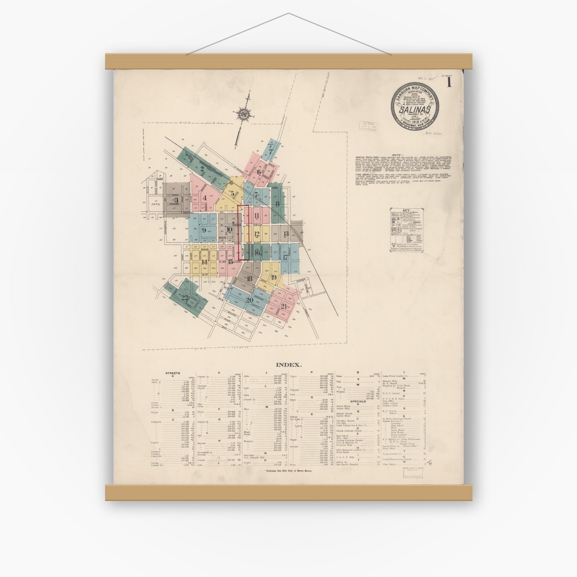 Old map wall art mockup — magnetic wood frame on white wall — Sanborn Fire Insurance Map from Salinas, Monterey County, California (1913) - Complete Map Set