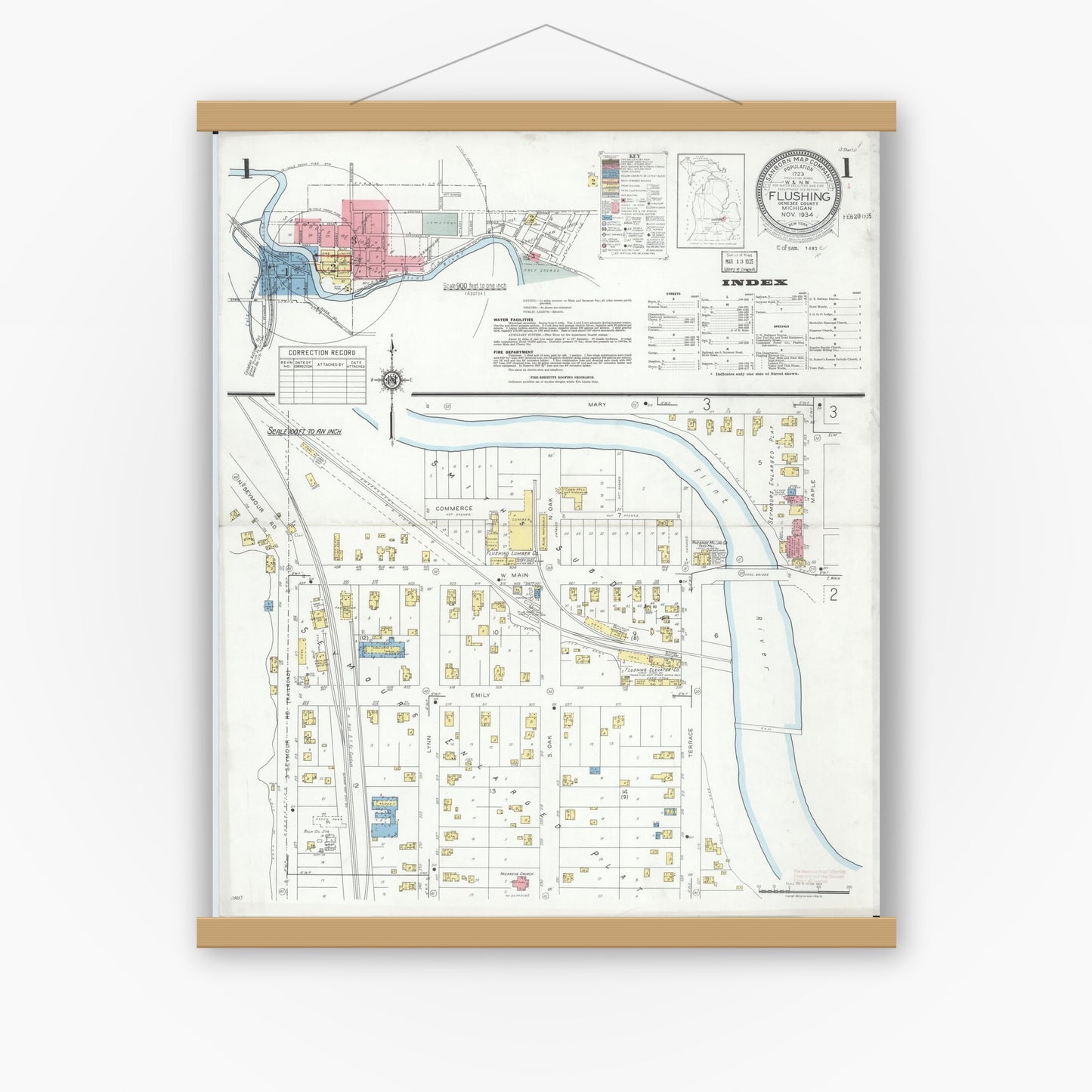 Old map wall art mockup — magnetic wood frame on white wall — Sanborn Fire Insurance Map from Flushing, Genesee County, Michigan (1934) - Complete Map Set