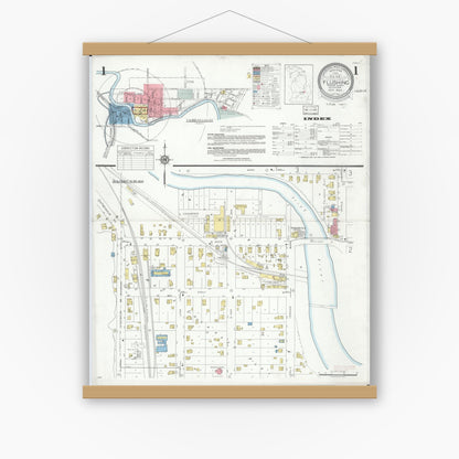Old map wall art mockup — magnetic wood frame on white wall — Sanborn Fire Insurance Map from Flushing, Genesee County, Michigan (1934) - Complete Map Set