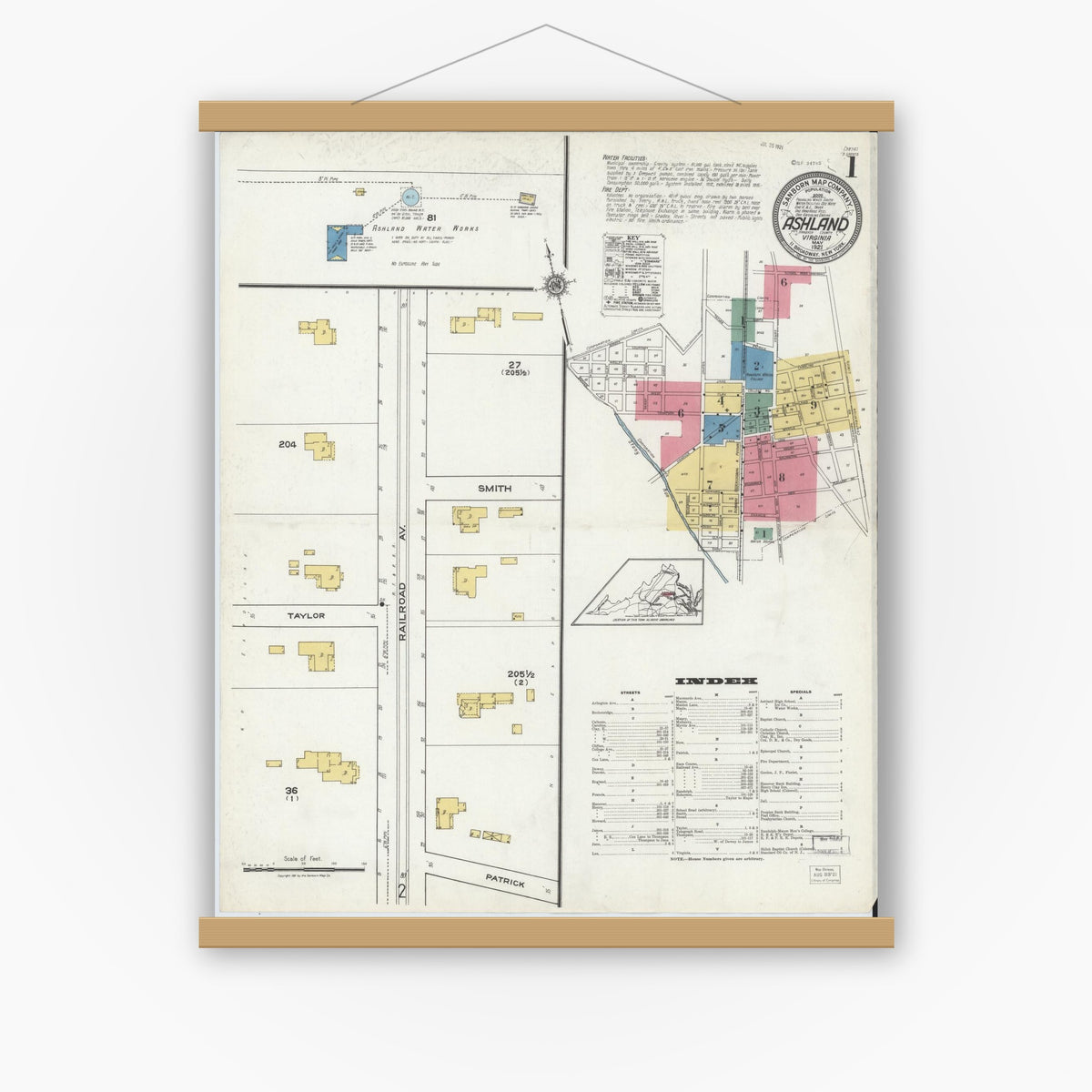 Old map wall art mockup — magnetic wood frame on white wall — Sanborn Fire Insurance Map from Ashland, Hanover County, Virginia (1921) - Complete Map Set