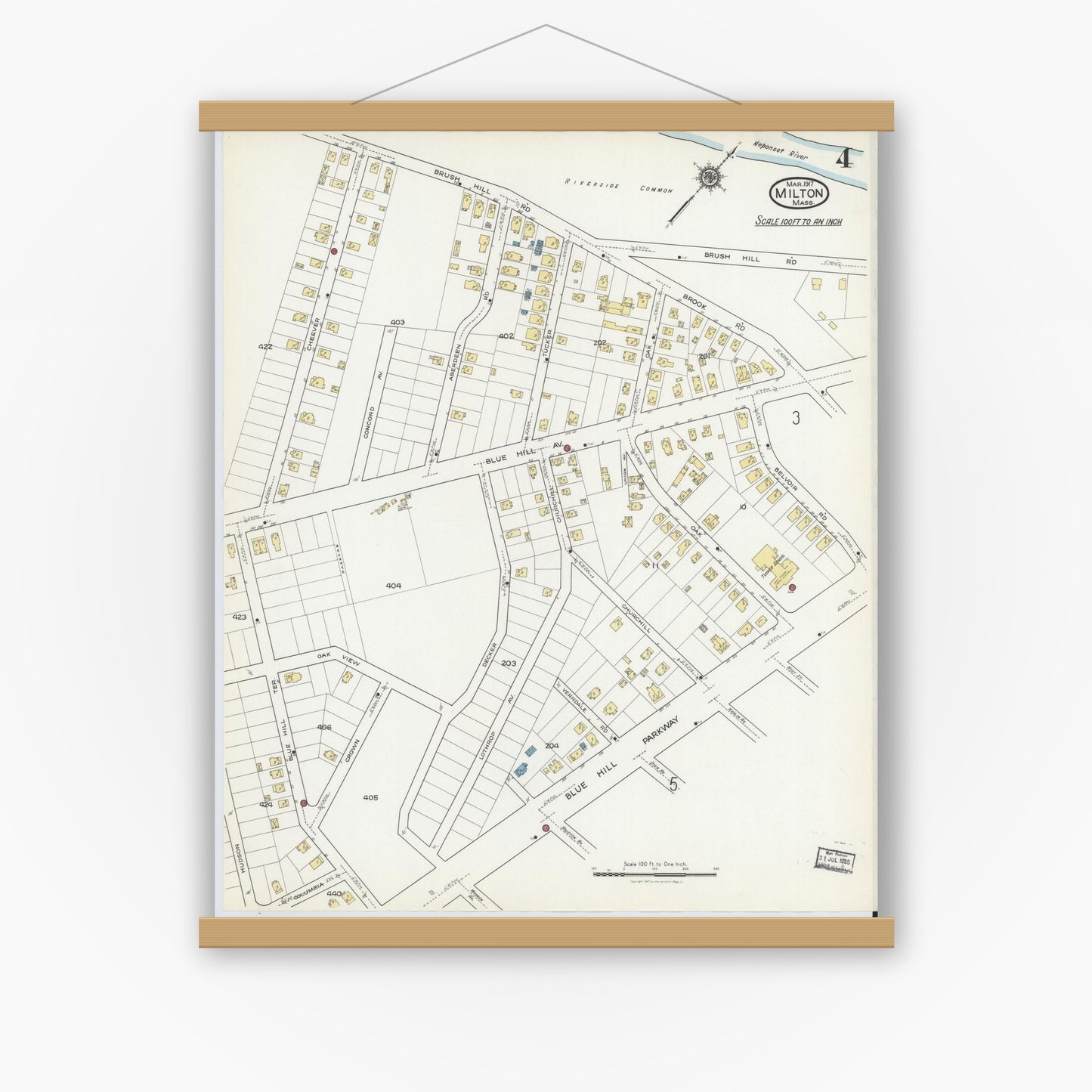 Old map wall art mockup — magnetic wood frame on white wall — Sanborn Fire Insurance Map from Milton, Norfolk County, Massachusetts (1917), Sheet #0004