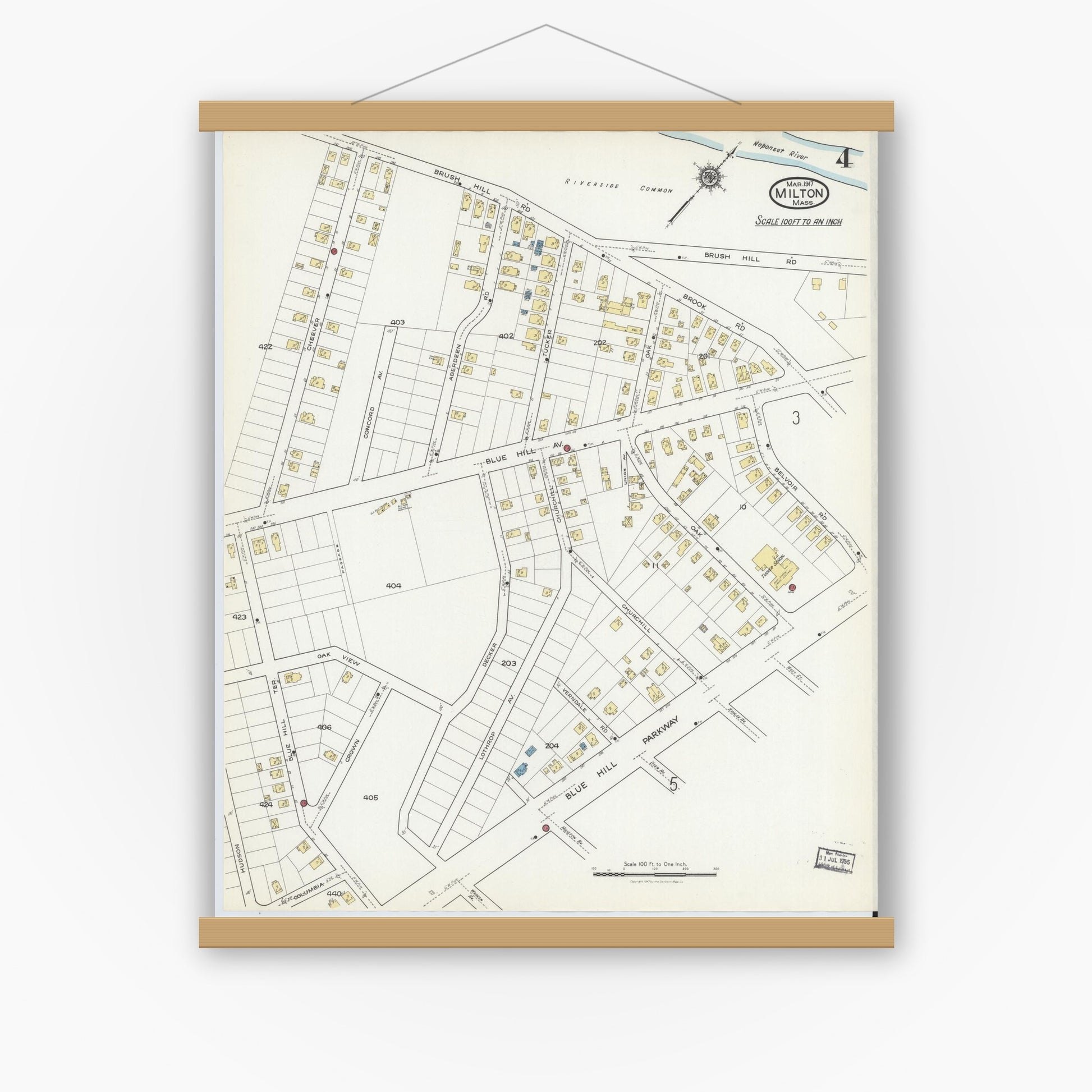 Old map wall art mockup — magnetic wood frame on white wall — Sanborn Fire Insurance Map from Milton, Norfolk County, Massachusetts (1917), Sheet #0004