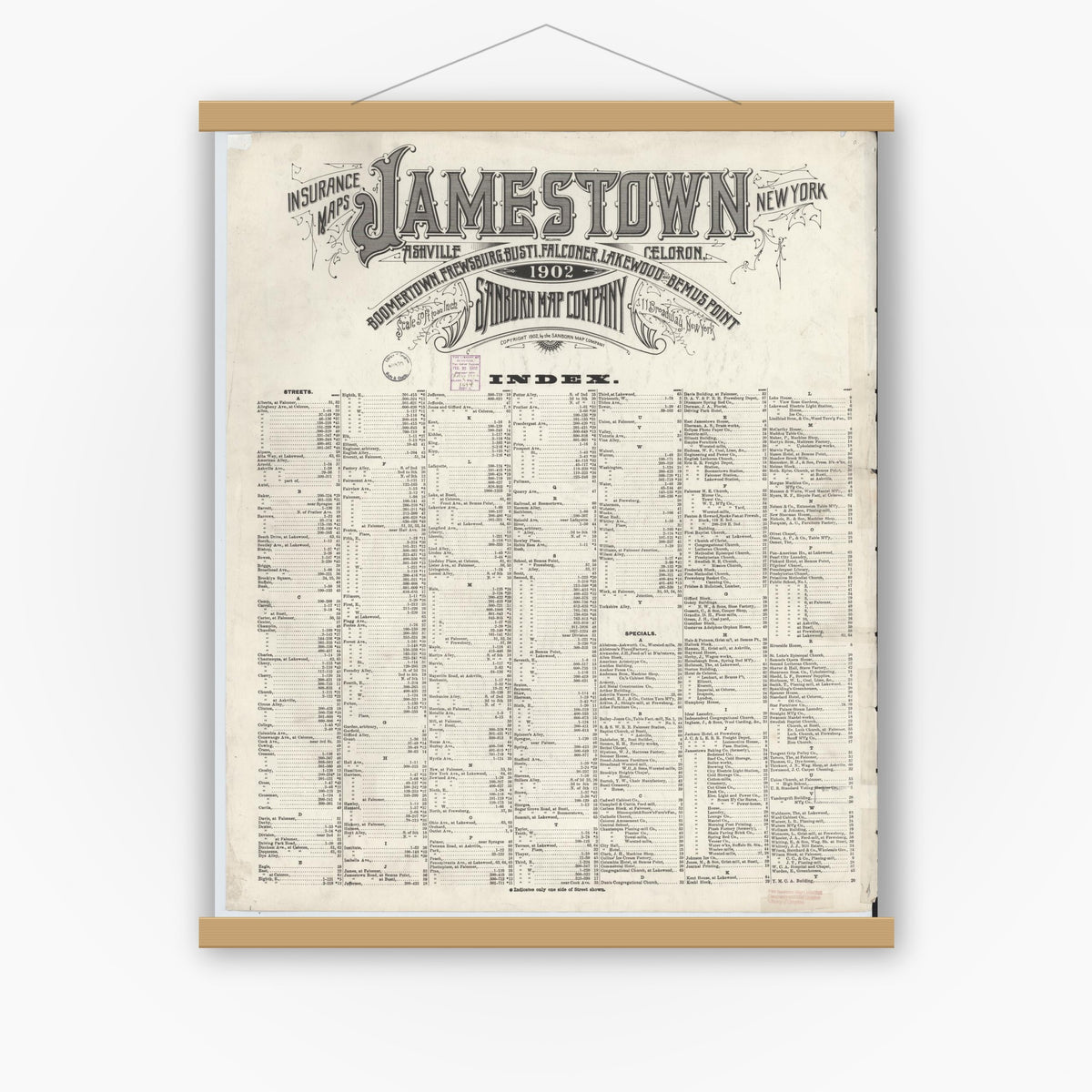 Old map wall art mockup — magnetic wood frame on white wall — Sanborn Fire Insurance Map from Jamestown, Chautauqua County, New York (1902), Sheet #0001