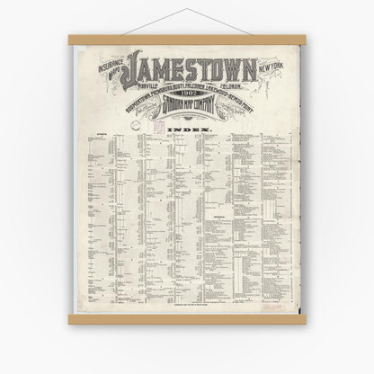 Old map wall art mockup — magnetic wood frame on white wall — Sanborn Fire Insurance Map from Jamestown, Chautauqua County, New York (1902), Sheet #0001