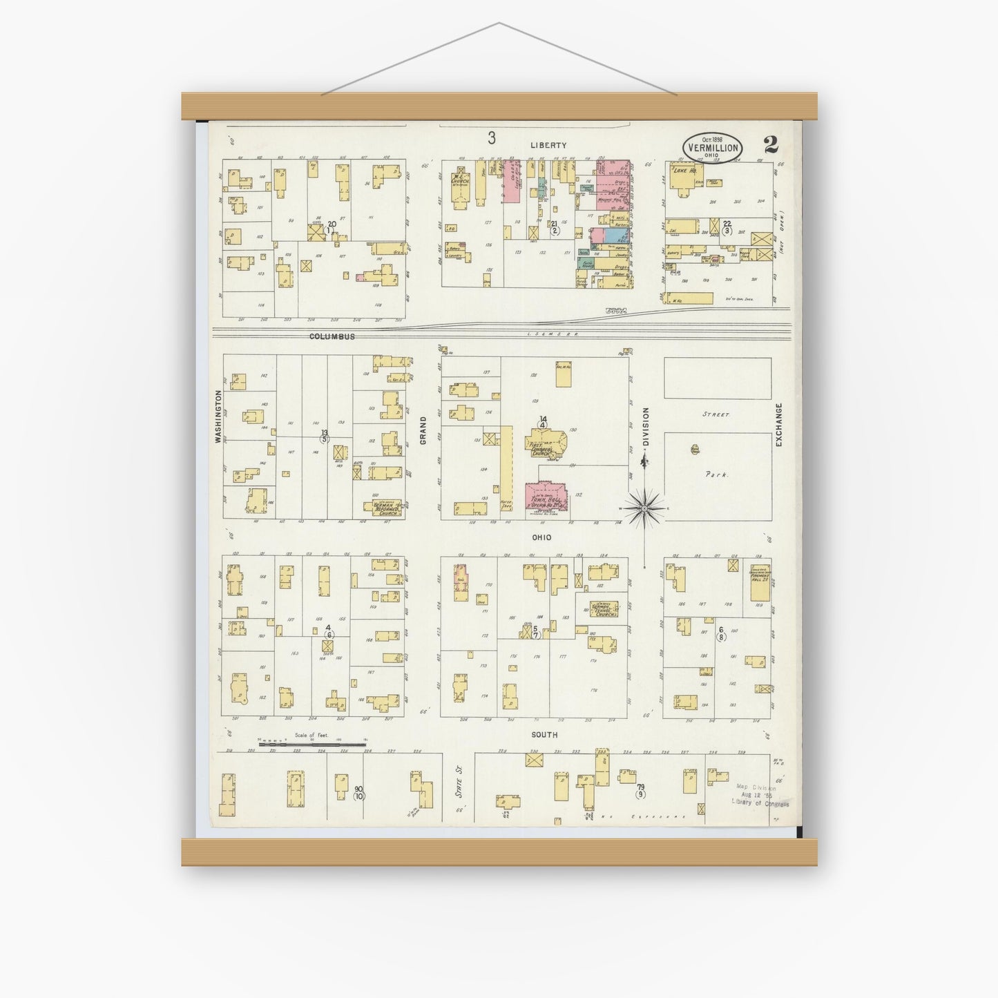 Old map wall art mockup — magnetic wood frame on white wall — Sanborn Fire Insurance Map from Vermillion, Erie County, Ohio (1898), Sheet #0002