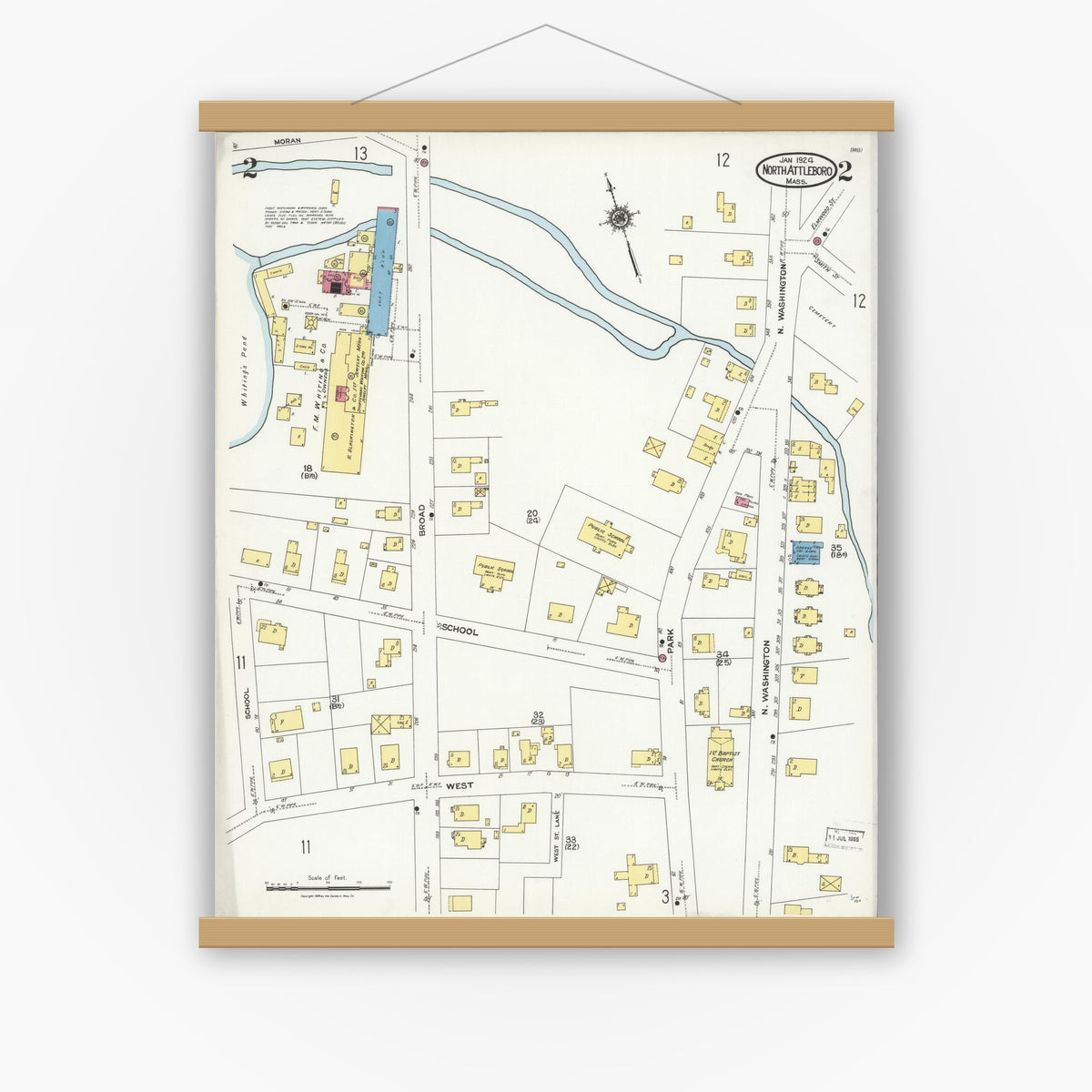Old map wall art mockup — magnetic wood frame on white wall — Sanborn Fire Insurance Map from North Attleborough, Bristol County, Massachusetts (1924), Sheet #0002