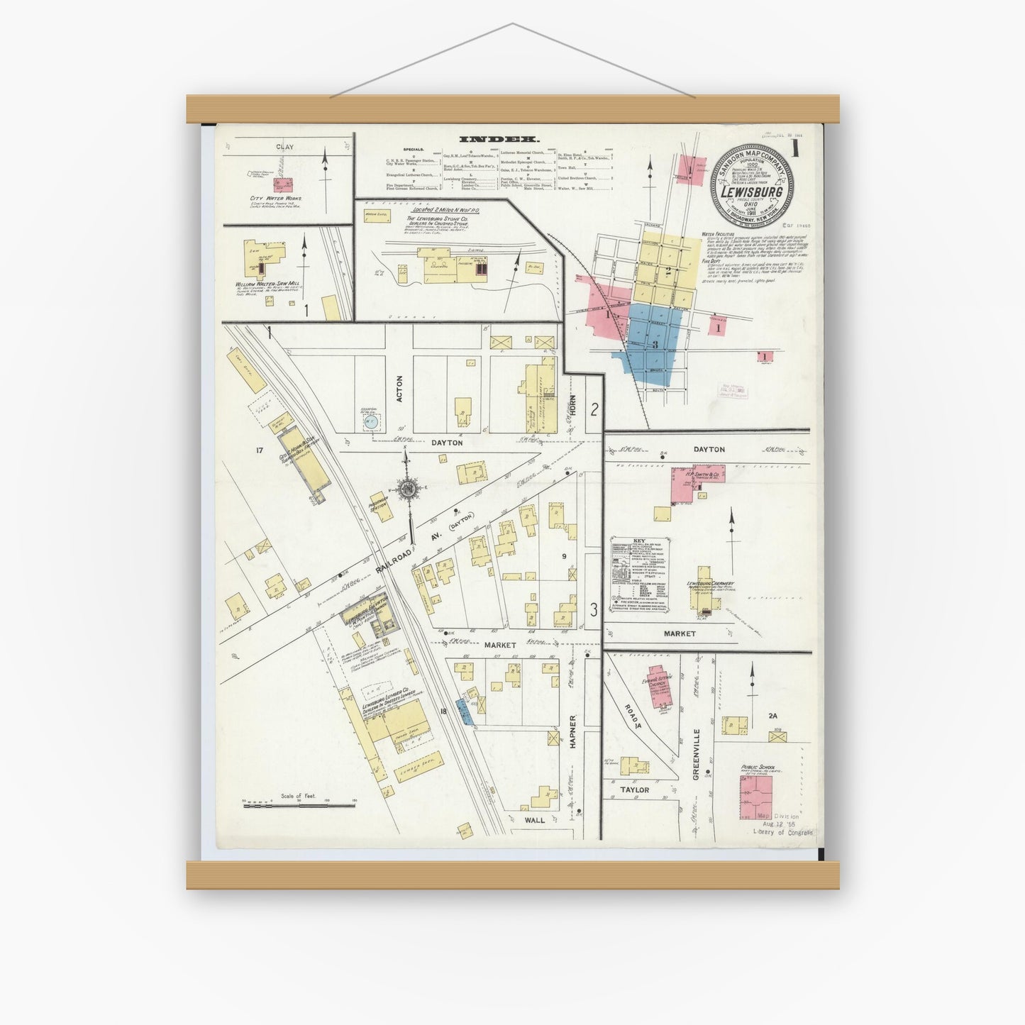 Old map wall art mockup — magnetic wood frame on white wall — Sanborn Fire Insurance Map from Lewisburg, Preble County, Ohio (1911) - Complete Map Set