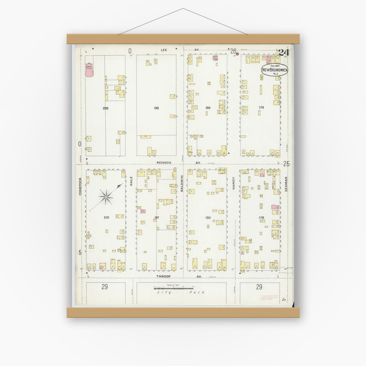 Old map wall art mockup — magnetic wood frame on white wall — Sanborn Fire Insurance Map from New Brunswick, Middlesex County, New Jersey (1897), Sheet #0024