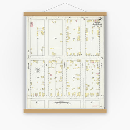 Old map wall art mockup — magnetic wood frame on white wall — Sanborn Fire Insurance Map from New Brunswick, Middlesex County, New Jersey (1897), Sheet #0024
