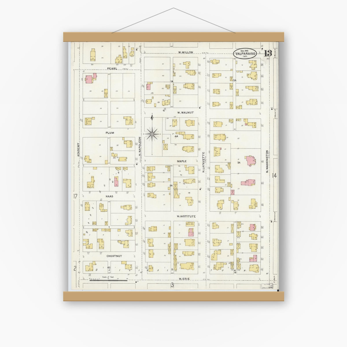 Old map wall art mockup — magnetic wood frame on white wall — Sanborn Fire Insurance Map from Valparaiso, Porter County, Indiana (1905), Sheet #0013
