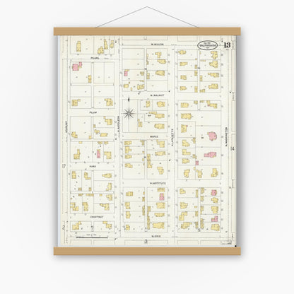 Old map wall art mockup — magnetic wood frame on white wall — Sanborn Fire Insurance Map from Valparaiso, Porter County, Indiana (1905), Sheet #0013