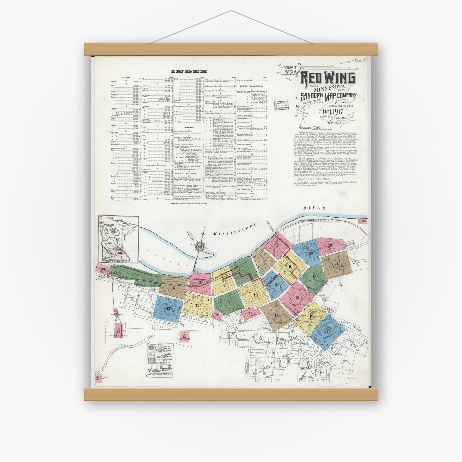 Old map wall art mockup — magnetic wood frame on white wall — Sanborn Fire Insurance Map from Red Wing, Goodhue County, Minnesota (1917) - Complete Map Set